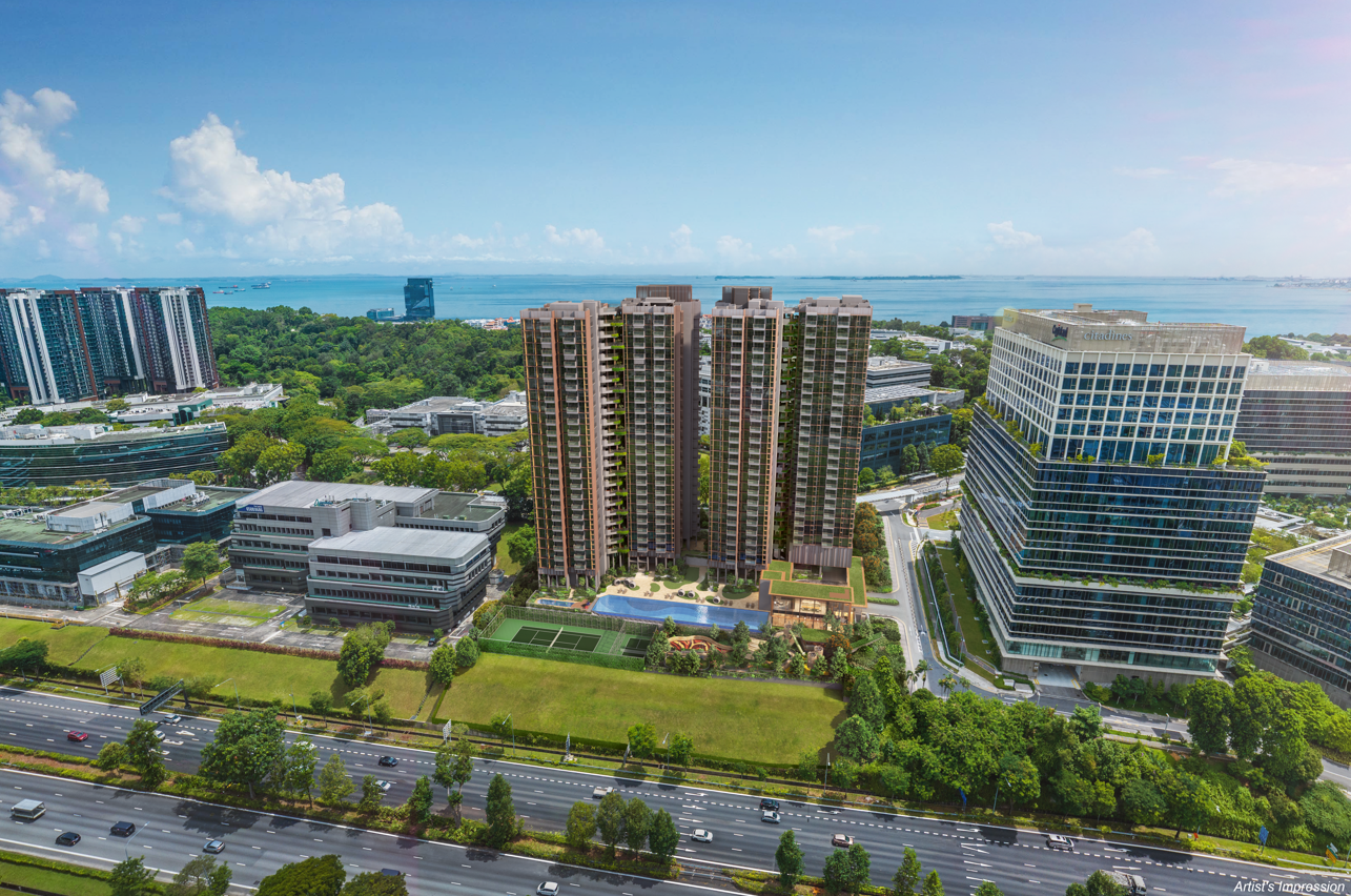 Aerial view of tall condo buildings with swimming pool and greenery in an urban setting by the sea.